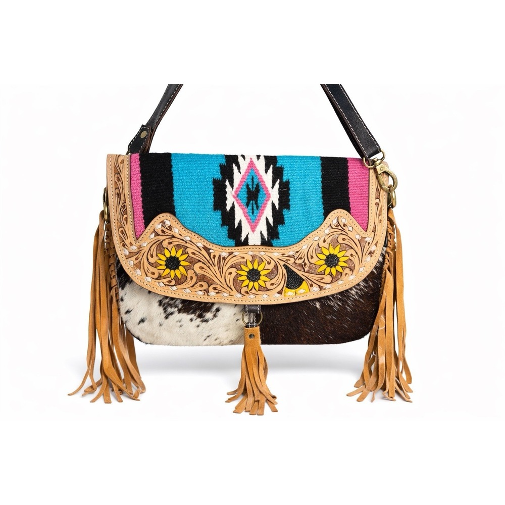 Cowhide Tooled Leather Fringe Western Aztec Crossbody Purse Sunflower